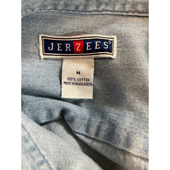 Jerzees Vintage Blue Denim Button Up Shirt Mens Size M Normandy Church - Picture 5 of 6